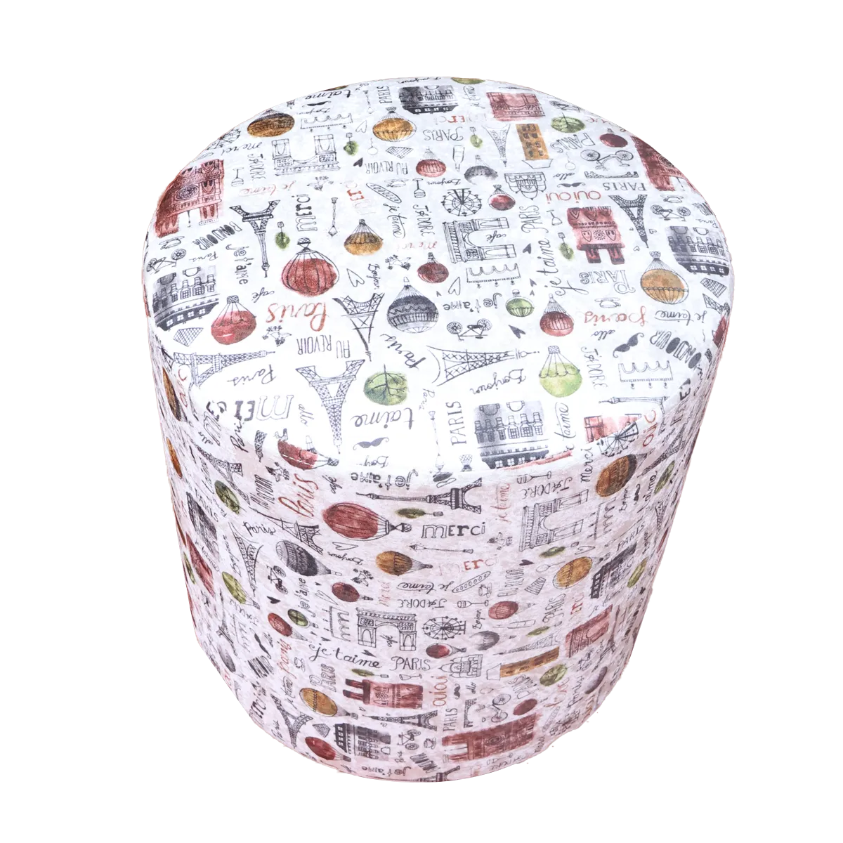 Eiffel Tower Printed Upholstered Round Pouf For Home Decor