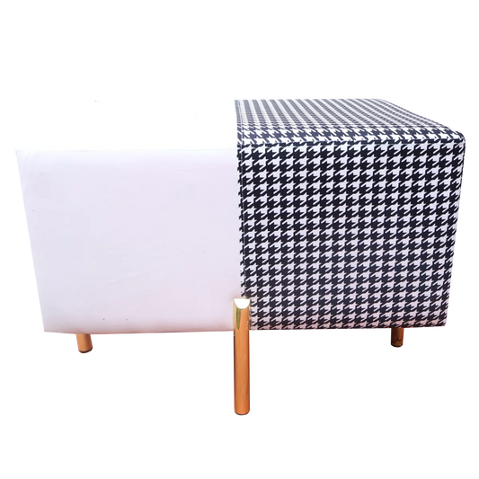 Pack Of 2 Black & White Upholstered Rectangular Ottoman & Brown Printed Upholstered Square Pouf For Home Decor
