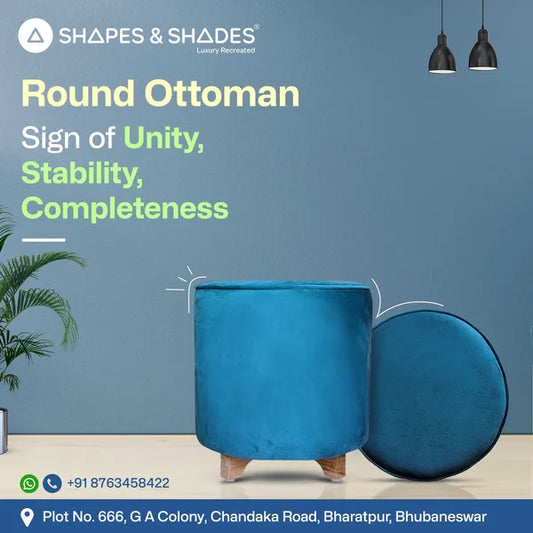 Pack Of 2 Dark Green & Multicolor Upholstered Round Ottoman For Home Decor