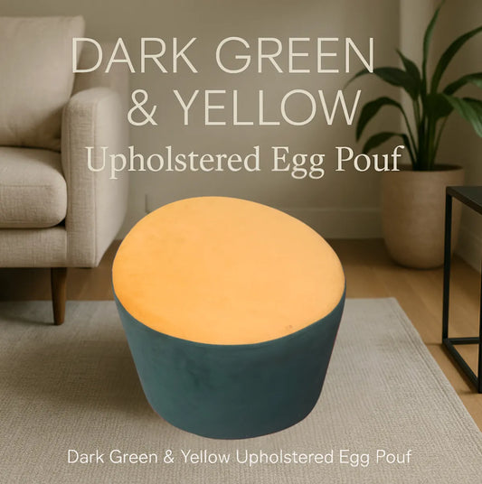 Dark Green & Yellow Upholstered Egg Pouf For Home Decor
