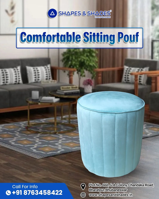 Aqua Blue Upholstered Round Pouf For Home Decor