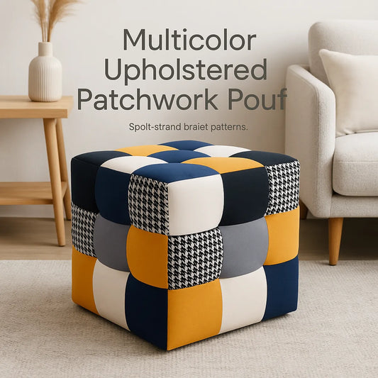 Multicolor Upholstered Patchwork Pouf Yellow For Home Decor