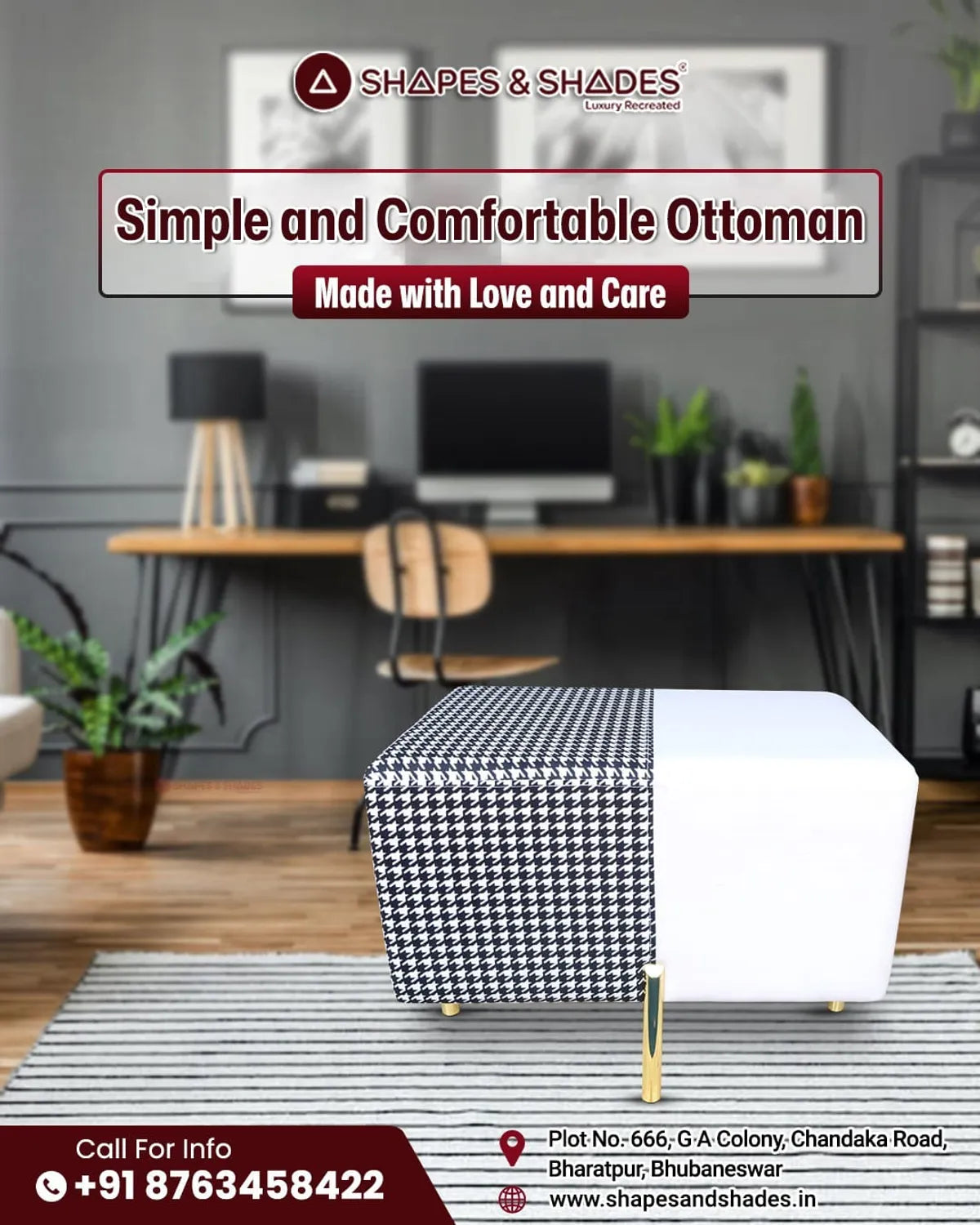 Pack Of 2 Black & White Upholstered Rectangular Ottoman & Brown Printed Upholstered Square Pouf For Home Decor