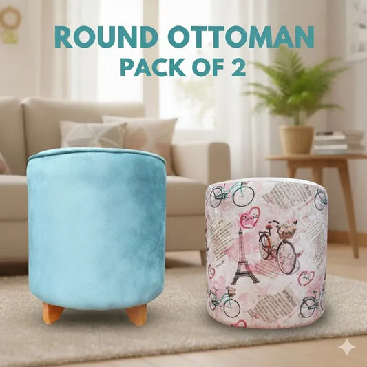 Pack Of 2 Dark Green & Multicolor Upholstered Round Ottoman For Home Decor