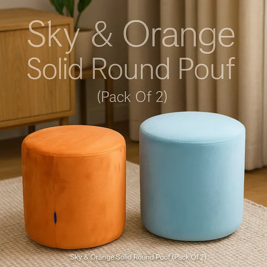 Pack Of 2 Sky & Orange Solid Upholstered Round Pouf For Home Decor