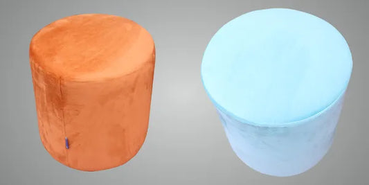 Pack Of 2 Sky & Orange Solid Upholstered Round Pouf For Home Decor