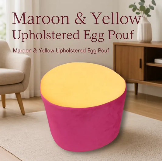 Maroon & Yellow Upholstered Egg Pouf For Home Decor