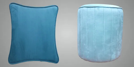 Pack Of 2 Dark Green Footstool Foot Stool & Aqua Blue Upholstered Round Pouf For Home Decor