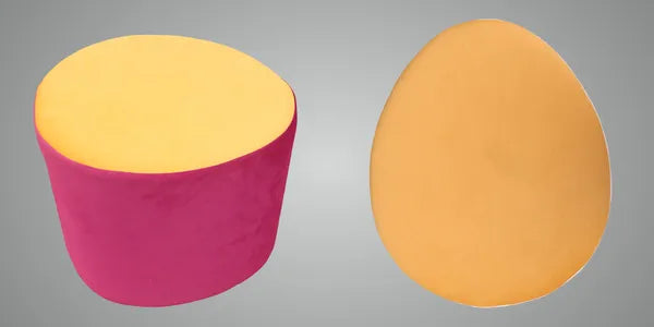 Pack Of 2 Maroon, White & Yellow Upholstered Egg Pouf For Home Decor