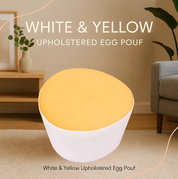White & Yellow Upholstered Egg Pouf For Home Decor