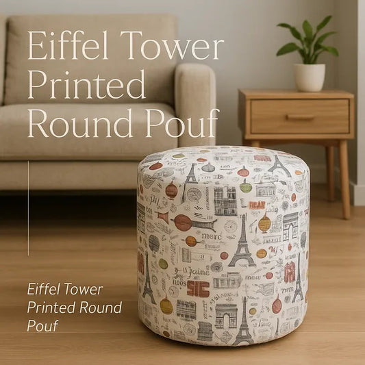 Eiffel Tower Printed Upholstered Round Pouf For Home Decor