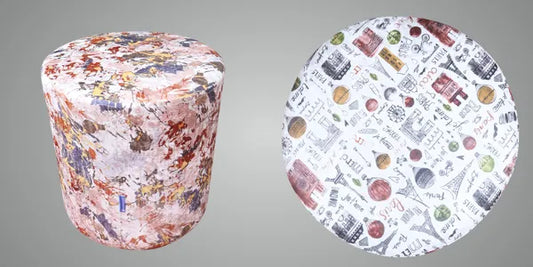 Pack Of 2 Maroon Eiffel Tower Printed Upholstered Round Pouf For Home Decor