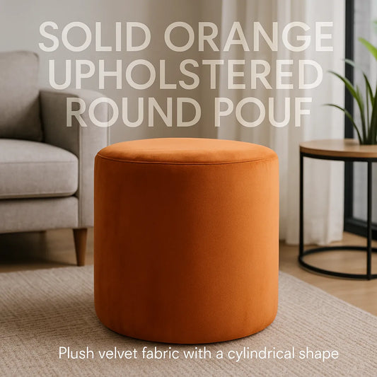 Solid Orange Upholstered Round Pouf For Home Decor