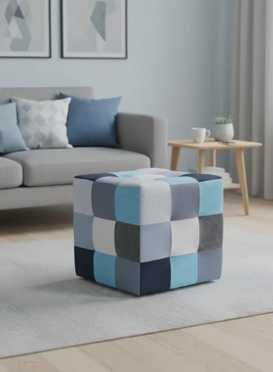 Blue Patchwork Pouf For Home Decor