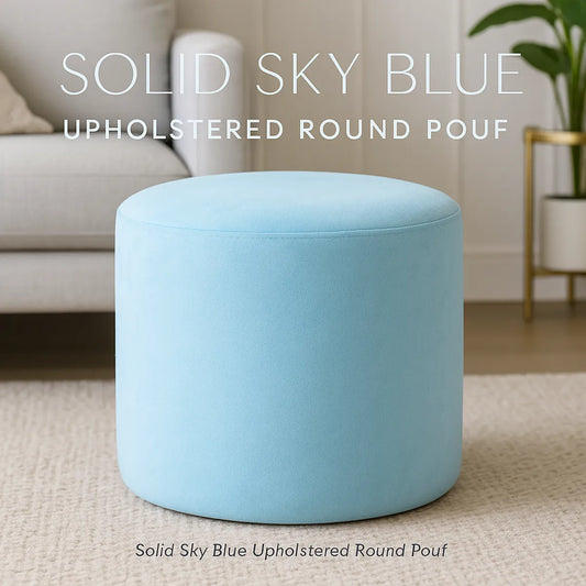 Solid Sky Blue Upholstered Round Pouf For Home Decor